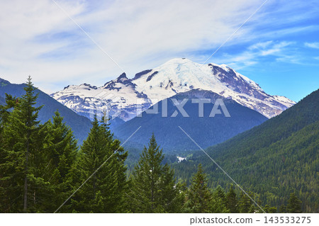 Mount Rainier Snow Capped Peak and Evergreen Forest Sunrise Region Washington Mount Rainier Snow Capped Peak and Evergreen Forest Sunrise Region Washington 143533275