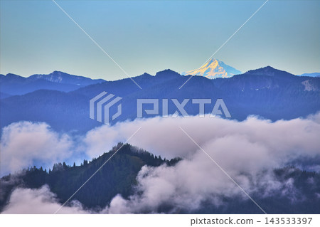 Mount Hood Snow Peak and Blue Mountain Ridges Above Paradise Pinnacle Trail Clouds 143533397