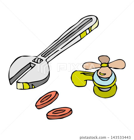 An abstract illustration shows a wrench, faucet, and tool washer. 143533443