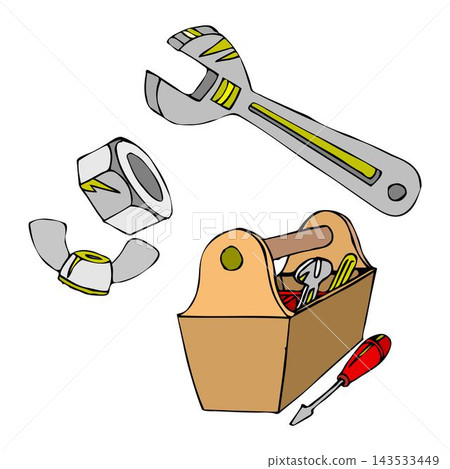 The toolbox contains a screwdriver, wrench, wing nut, and abstract illustration tool. The toolbox contains a screwdriver, wrench, wing nut, and abstract illustration tool. 143533449