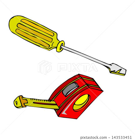 An abstract illustration shows a tool screwdriver and tape measure An abstract illustration shows a tool screwdriver and tape measure 143533451