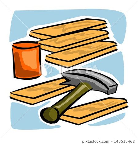 A hammer laying on a pile of wood with a hammer and other tools 143533468