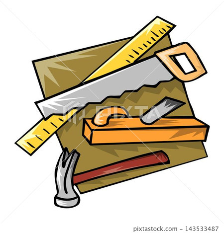 illustration of a hammer, saw, and ruler as tools for construction. illustration of a hammer, saw, and ruler as tools for construction. 143533487