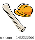 a hard hat to protect the worker while reviewing the construction blueprint drawings. 143533500