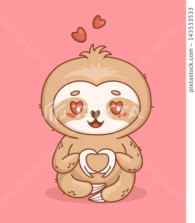 Cute Kawaii In Love Sloth with Heart Eyes and Paw Gesture. Adorable Romantic Sitting Little Baby Animal Character on Pink background. Vector Illustration for Valentine Day Card Design . 143533533