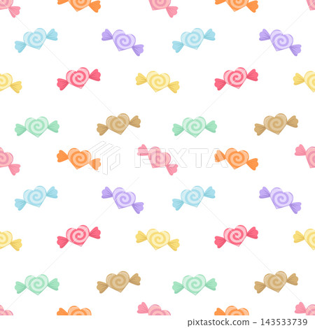 Colorful Pastel Heart Shaped Wrapped Candy Seamless Pattern on White Background Colorful Pastel Heart Shaped Wrapped Candy Seamless Pattern on White Background 143533739