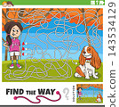 find the way maze puzzle with cartoon girl and puppy 143534129