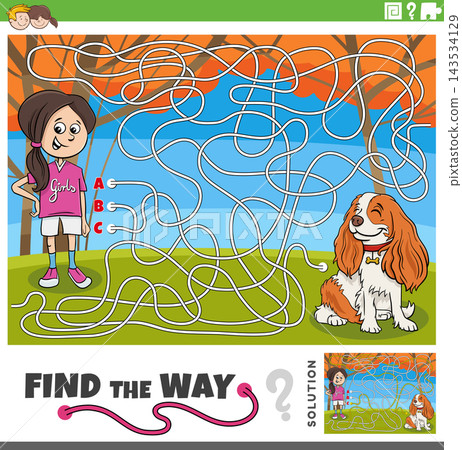 find the way maze puzzle with cartoon girl and puppy find the way maze puzzle with cartoon girl and puppy 143534129