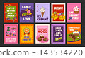Printable posters with inscriptions and illustrations with various candies, ice cream cone, cupcake, marmalade, jelly sweets, chocolate truffles, croissant, teapot with tea, cookie, orange lollipop. 143534220