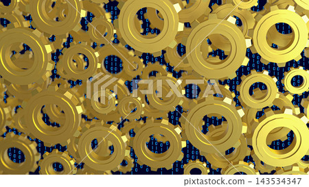 Golden Mechanical Gears over Blue Binary Code Background 3d render. Golden Mechanical Gears over Blue Binary Code Background 3d render. 143534347