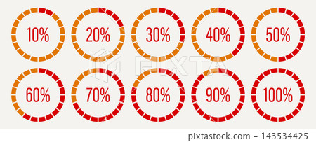 Round diagrams icons for infographics from 0 to 100 percent. Circle graph loading progress bars. Percentage infographics elements. Red color fill divided pie charts indicator layout. Round diagrams icons for infographics from 0 to 100 percent. Circle graph loading progress bars. Percentage infographics elements. Red color fill divided pie charts indicator layout. 143534425