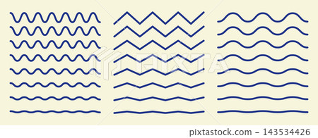 Blue wave line set. Vector wavy and zigzag horizontal underline. Wave thin line. Wavy lines set. Wave ornament pattern. Blue wave line set. Vector wavy and zigzag horizontal underline. Wave thin line. Wavy lines set. Wave ornament pattern. 143534426