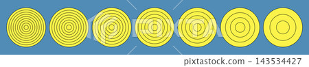 Coaching wheel of 2, 3, 4, 5, 6, 7 and 8 concentric circles on yellow. Diagram divided from two to teight round segments. Life blank. Habits tracker of wheel of life. Polar grid graph paper. 143534427