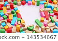 Colorful Wooden Geometric Blocks Scattered Around Empty Copy Space 143534667