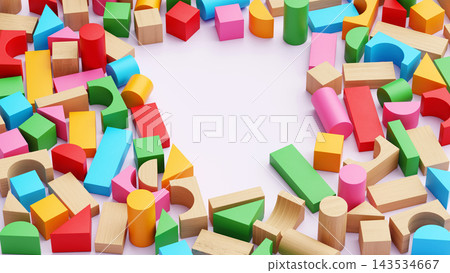 Colorful Wooden Geometric Blocks Scattered Around Empty Copy Space 143534667