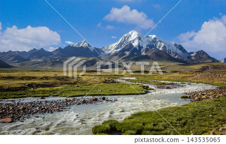 Tibetan Plateau Landscape with Snow Capped Mountains and Winding River Tibetan Plateau Landscape with Snow Capped Mountains and Winding River 143535065