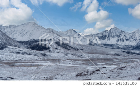 Majestic Snow Capped Mountains in Tibet Under a Clear Blue Sky 143535100