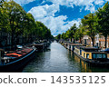 Scenic Amsterdam Canal with Houseboats and Lush Trees Under Blue Sky 143535125