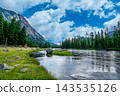 Scenic Yellowstone National Park River Landscape with Mountains and Forest 143535126
