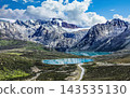 Majestic Tibetan Plateau Landscape with Glacial Lake and Snow Capped Mountains 143535130
