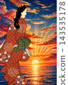 A ukiyo-e style illustration of a woman in a kimono against the backdrop of a sea at sunset and a beautiful sunset. 143535178