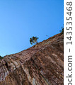 A solitary tree stands atop a steep, layered rock formation against a bright blue sky 143535468