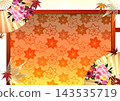 A wooden frame adorned with autumn leaves and peony flower fans, and a Japanese-style background featuring a maple leaf pattern. 143535719