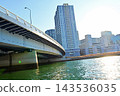 Yokohama's skyline viewed from the water's surface. 143536035