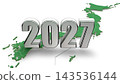 2027 年的 3DCG 圖形和日本地圖：代表新年、未來和時代的圖形。 143536144