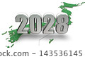 2028 年的 3DCG 圖形和日本地圖；代表新年、未來和時代的圖形。 143536145