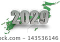 2029 年的 3DCG 圖形和日本地圖；代表新年、未來和時代的圖形。 143536146