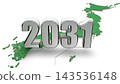 2031 年的 3DCG 圖形和日本地圖；代表新年、未來和時代的圖形。 143536148