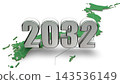 2032 年的 3DCG 圖形和日本地圖；代表新年、未來和時代的圖形。 143536149