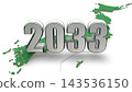 2033 年的 3DCG 圖形和日本地圖；代表新年、未來和時代的圖形。 143536150