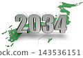 2034 年的 3DCG 圖形和日本地圖；代表新年、未來和時代的圖形。 143536151