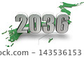 2036 年的 3DCG 圖形和日本地圖；代表新年、未來和時代的圖形。 143536153