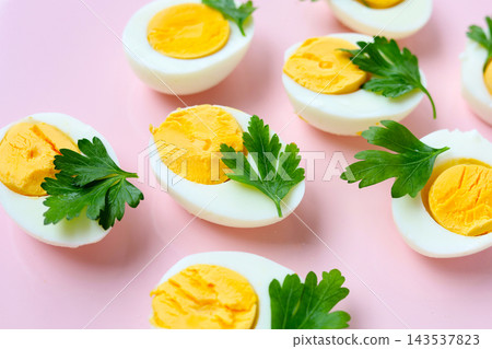 Hard boiled egg halves as a high protein nutrient source 143537823