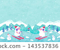 Background illustration of a skiing sheep: A natural landscape of a snow-covered ski slope and snow-covered mountains (watercolor style). 143537836