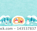 A background illustration of sheep eating mochi in a snow hut, depicting a natural winter snowscape (watercolor style). 143537837