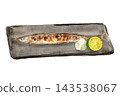 A watercolor illustration of grilled saury on a black plate. 143538067