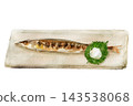 A watercolor illustration of grilled saury on a white plate. 143538068