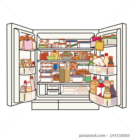 一張插圖，描繪了一個打開的冰箱，裡面裝滿了食物和調味品。 143538085