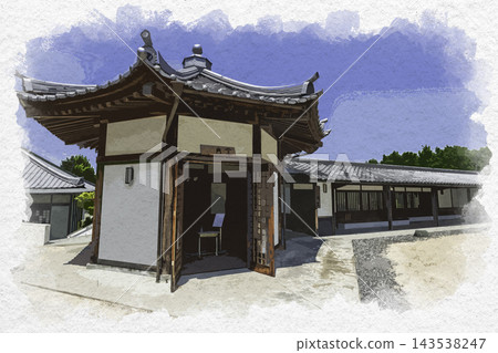 Watercolor-style painting of the octagonal hall and thirteen Buddha hall at Yokeiji Temple, Setouchi City, Okayama Prefecture. 143538247