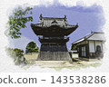 Watercolor-style painting of the bell tower at Yokeiji Temple, Setouchi City, Okayama Prefecture. 143538286