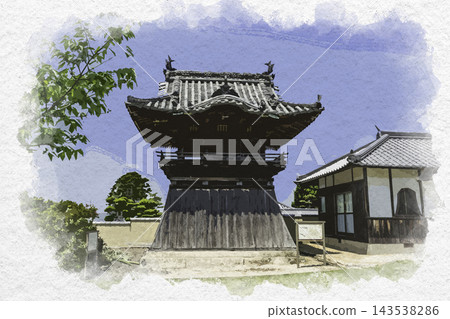 Watercolor-style painting of the bell tower at Yokeiji Temple, Setouchi City, Okayama Prefecture. Watercolor-style painting of the bell tower at Yokeiji Temple, Setouchi City, Okayama Prefecture. 143538286