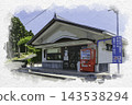 Watercolor style painting of Yokeiji Temple and Yokeiji Hall in Setouchi City, Okayama Prefecture. 143538294