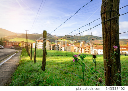 Weathered wooden fence posts with barbed wire and mesh beside a green grazing pasture, pink wildflowers along the roadside boundary and residential buildings in a valley below wooded hills. Weathered wooden fence posts with barbed wire and mesh beside a green grazing pasture, pink wildflowers along the roadside boundary and residential buildings in a valley below wooded hills. 143538402