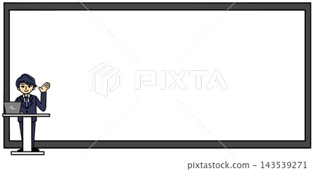 A businessman holding his palm outwards to guide or explain during a presentation or seminar, with a message space (color, full body). A businessman holding his palm outwards to guide or explain during a presentation or seminar, with a message space (color, full body). 143539271