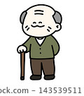 一幅插圖，描繪了一位祖父拄著拐杖，面帶微笑。背景透明。 143539511