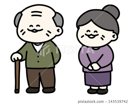 A set of illustrations of a grandfather and grandmother smiling happily side by side, with their eyes narrowed in delight. Transparent background. A set of illustrations of a grandfather and grandmother smiling happily side by side, with their eyes narrowed in delight. Transparent background. 143539742